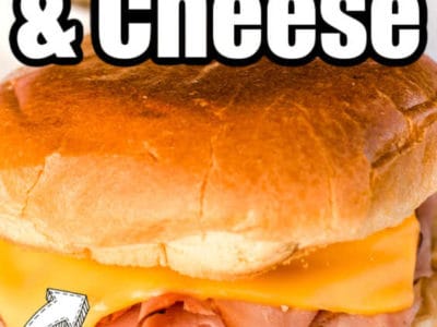 hot ham and cheese sandwich close-up with text on image