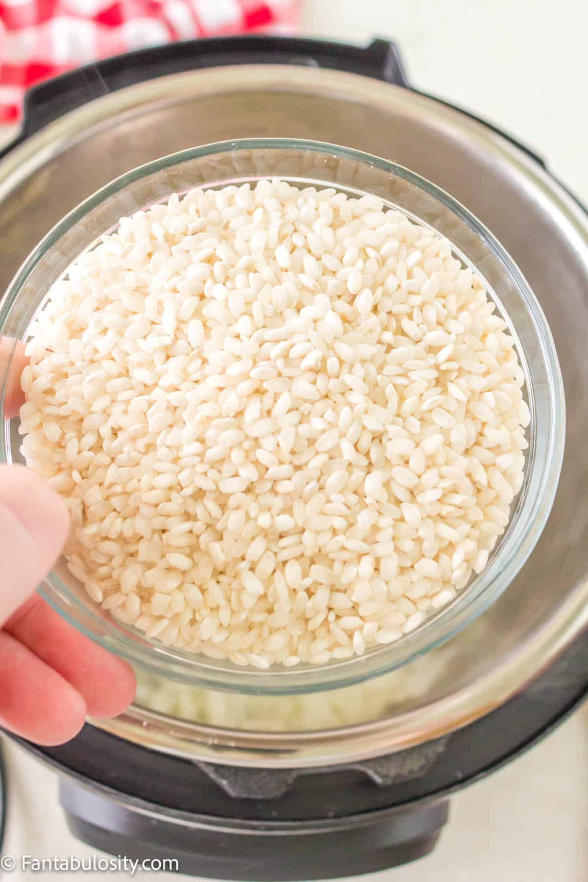 A cup of arborio rice held above an instant pot.