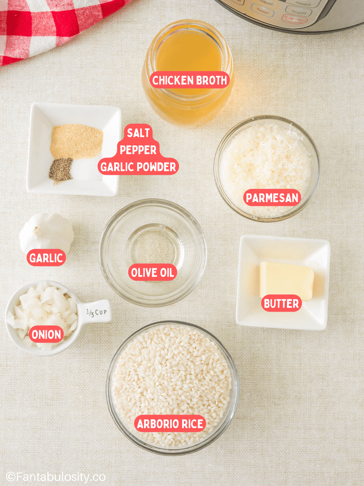 Instant Pot parmesan risotto ingredients with labels on the image. 
