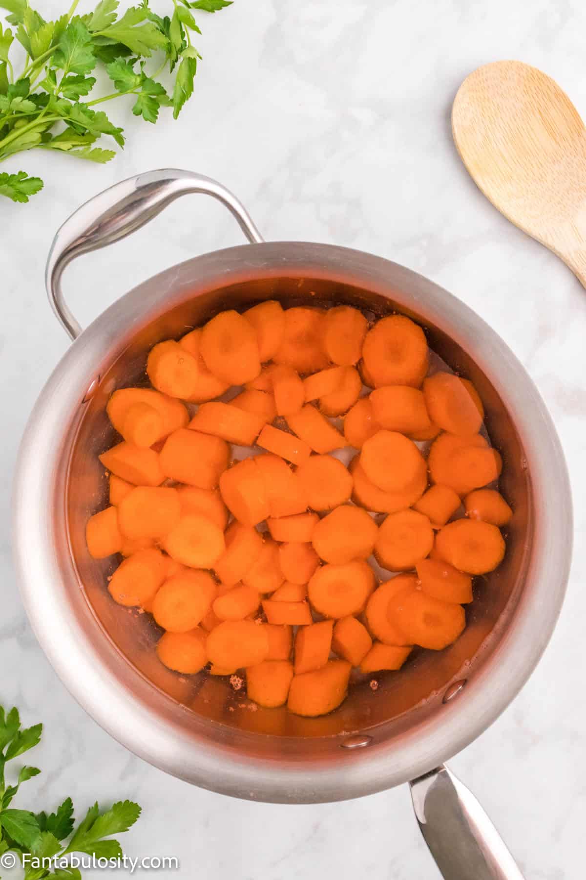 Cut carrot coins are submerged in water in a medium sized saucepan getting ready to boil