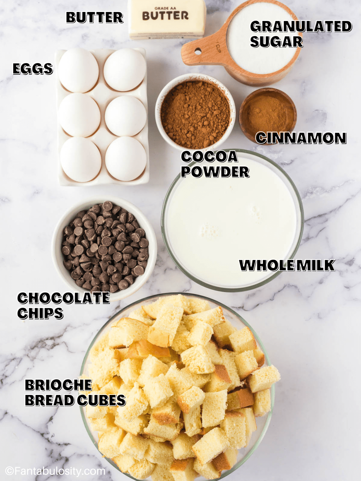 The ingredients for chocolate bread pudding laid out with labels on the image. 