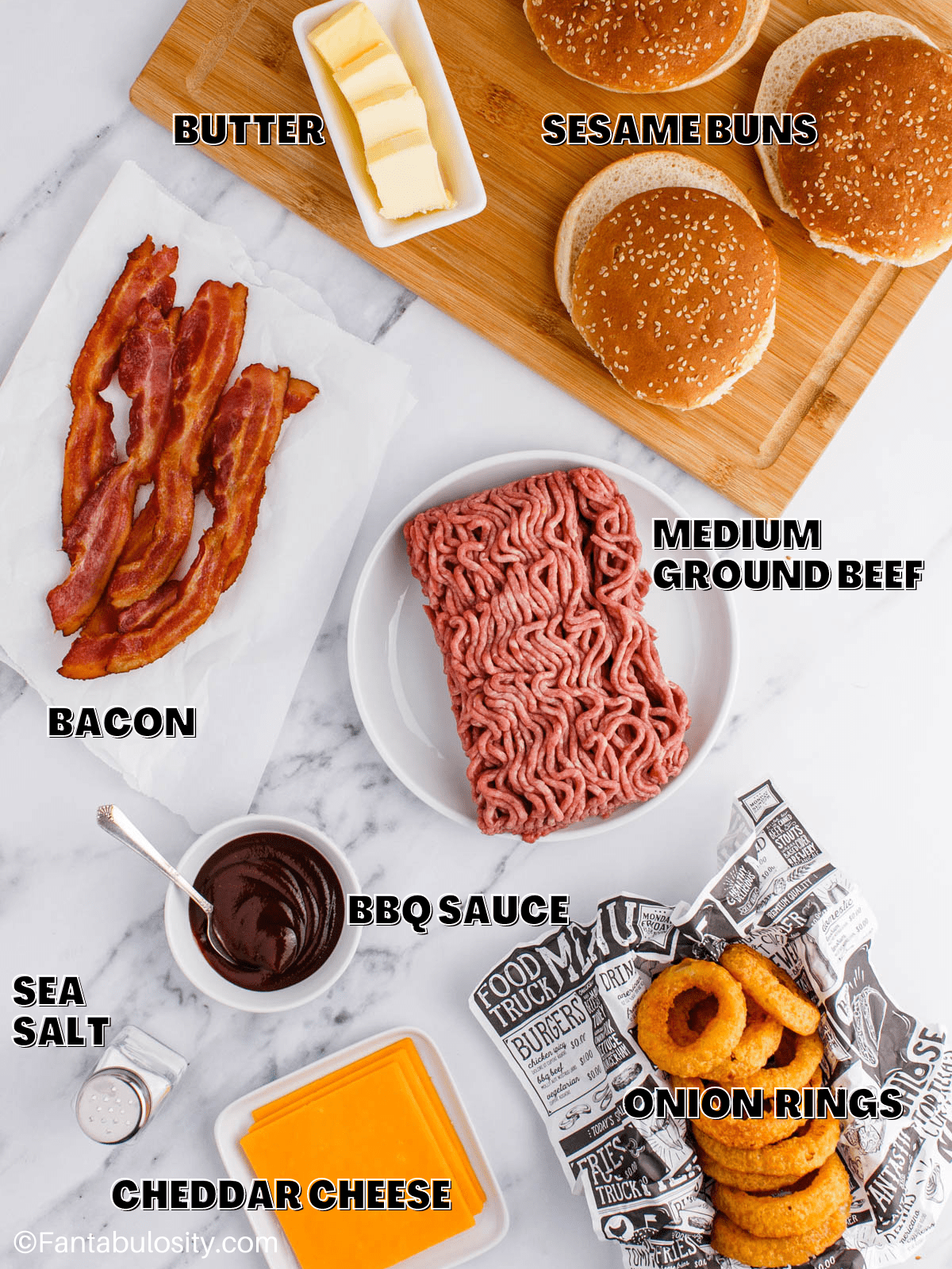 The ingredients for cowboy burgers laid out with labels on the image.