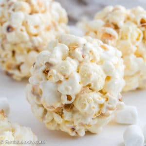 marshmallow popcorn balls on white background