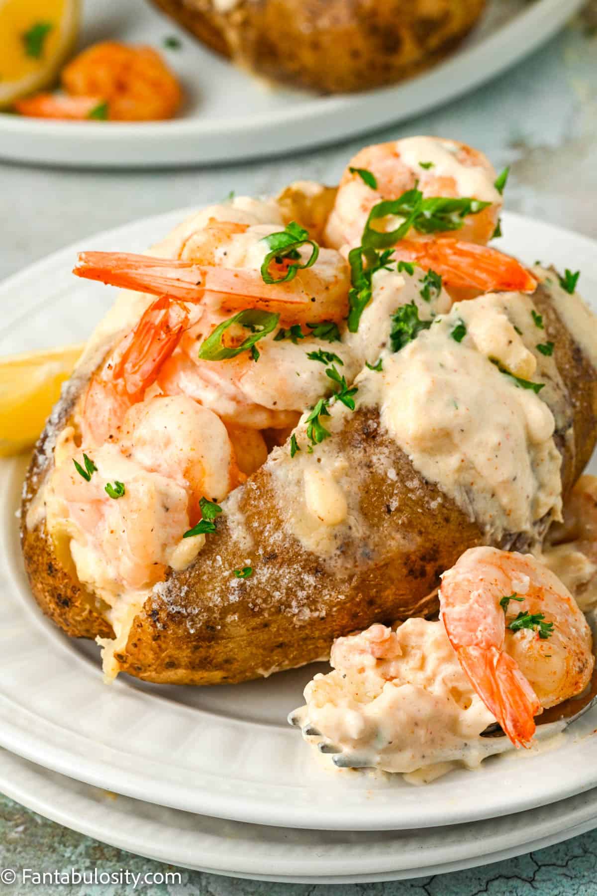 loaded shrimp baked potato on plate