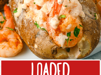 close up of shrimp baked potato with text on image
