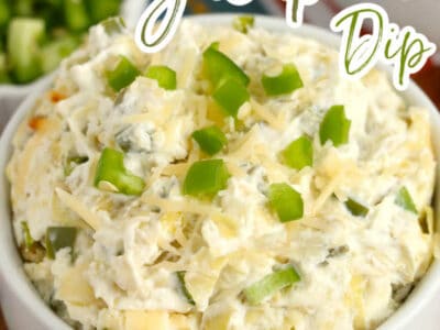 artichoke jalapeno dip in white bowl with text on image