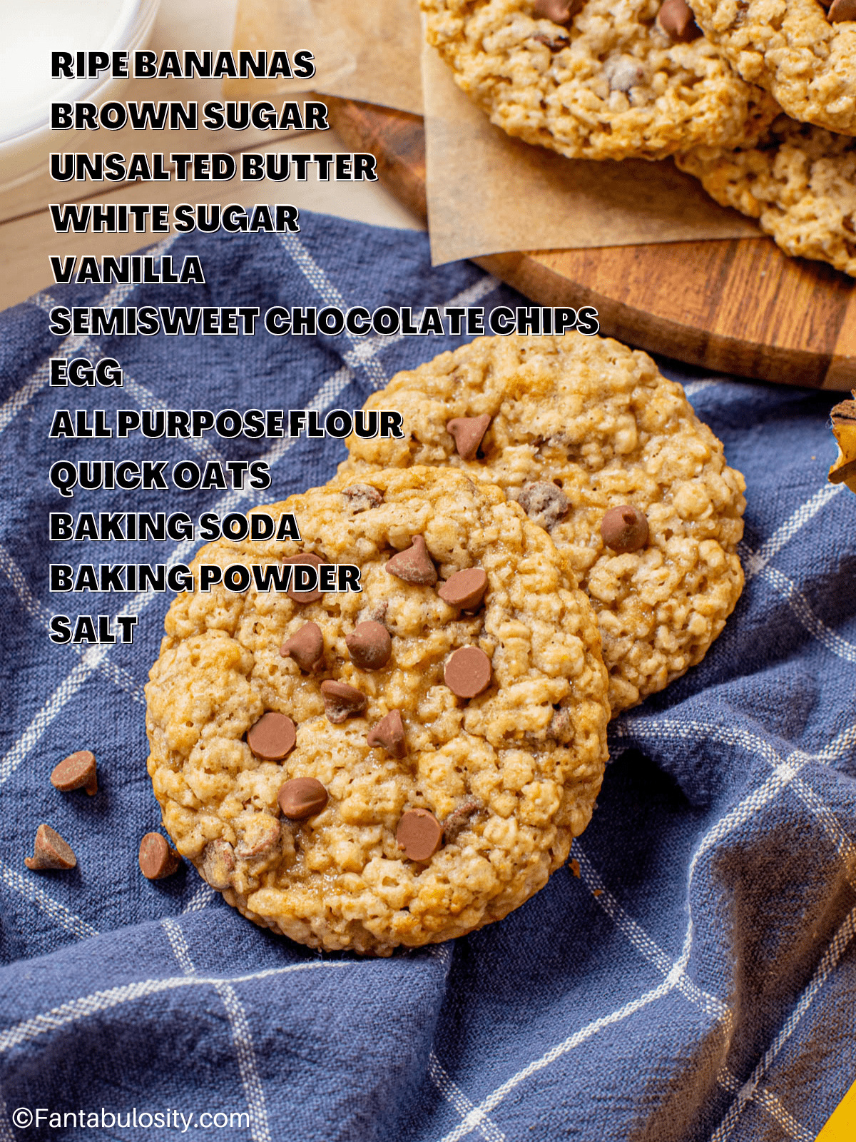 A picture of two banana chocolate chip cookies with a list of the ingredients for the recipe overlayed on the image.