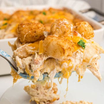 Close up photo of a spoonful of a creamy chicken and cheese casserole topped with crispy browned tater tots