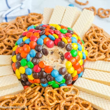 A sweet cheeseball that has bee rolled in colorful M&M's is centered with pretzels and sugar wafer cookies waiting for dipping