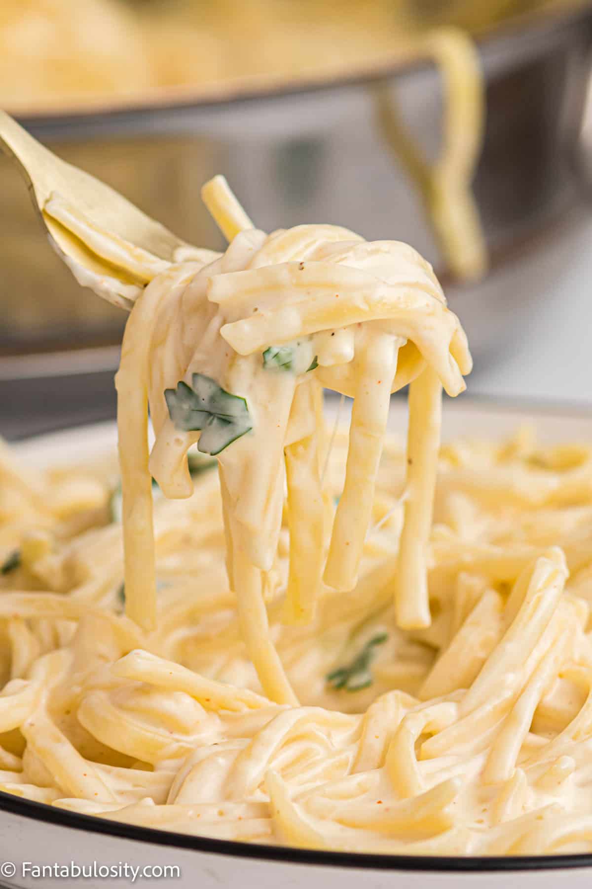 Bite of cream cheese pasta on fork