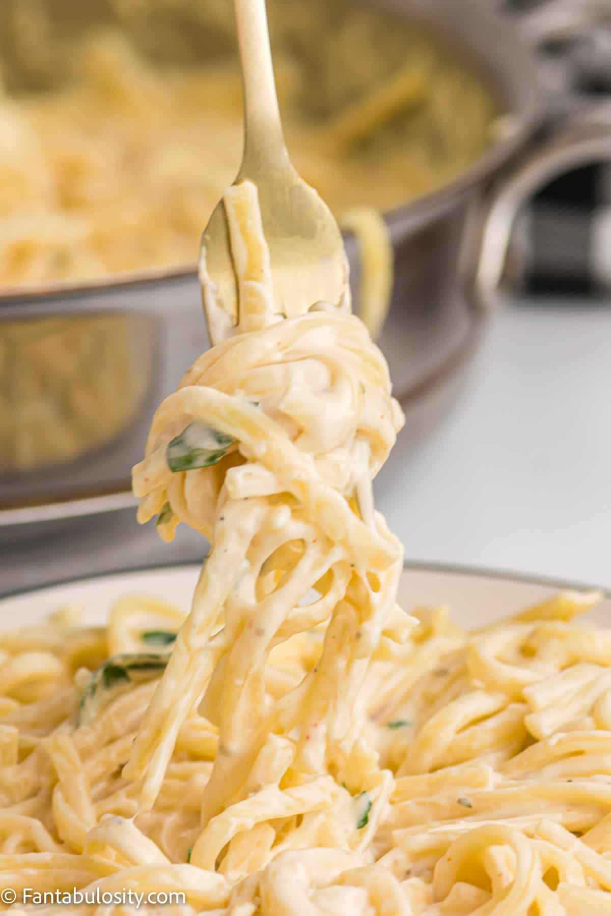 Cream cheese pasta on a plate being scooped up with a fork.