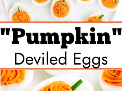 Collage of pumpkin deviled eggs with text