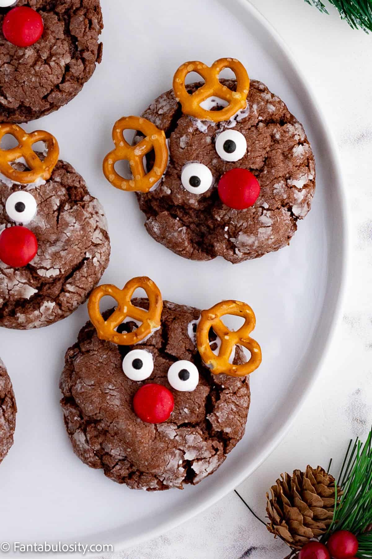 A close up photo of a white plate holding several round chocolate cookies that have been decorated to look like reindeer faces