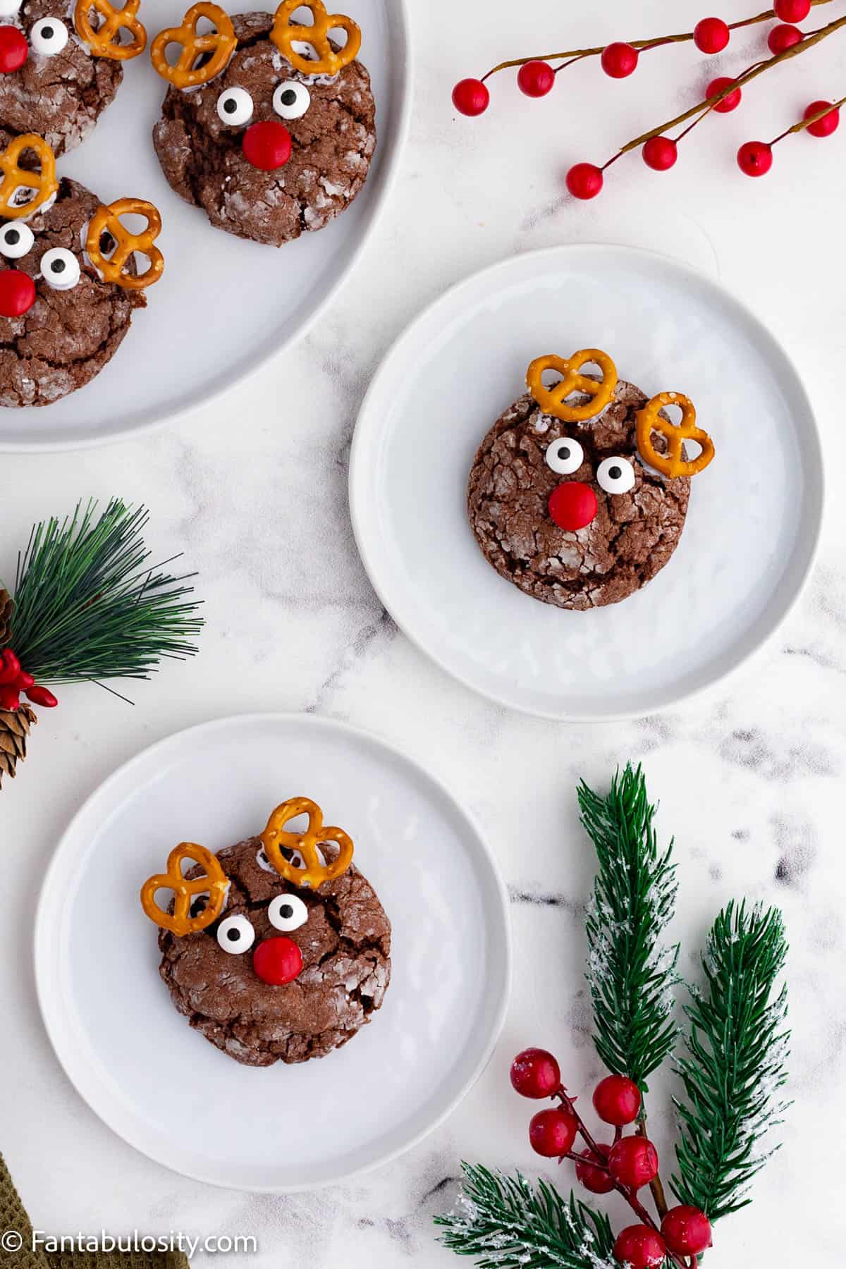 A birdseye photo of several round white plates holding round chocolate cookies that have been decorated to look like Rudolph the Red Nosed Reindeer