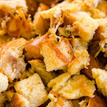 close up of brioche croutons