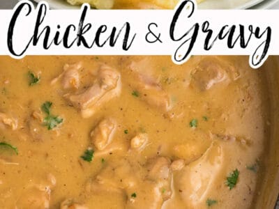 Two image collage of chicken and gravy