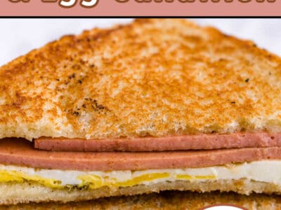 Fried bologna and egg sandwich stacked on top of one another with text on image