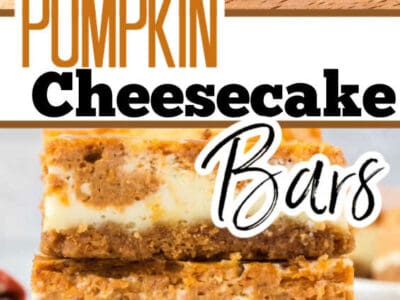 Image collage of Pumpkin Cheesecake Bars. Close up image at top and stacked bars on bottom.