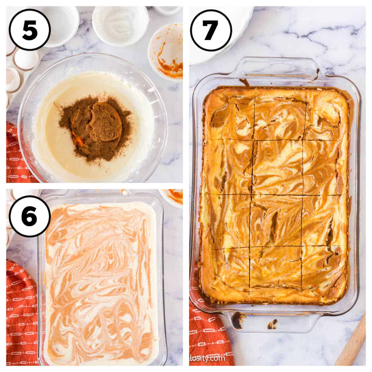 Steps 5-7 for making pumpkin cheesecake bars.
