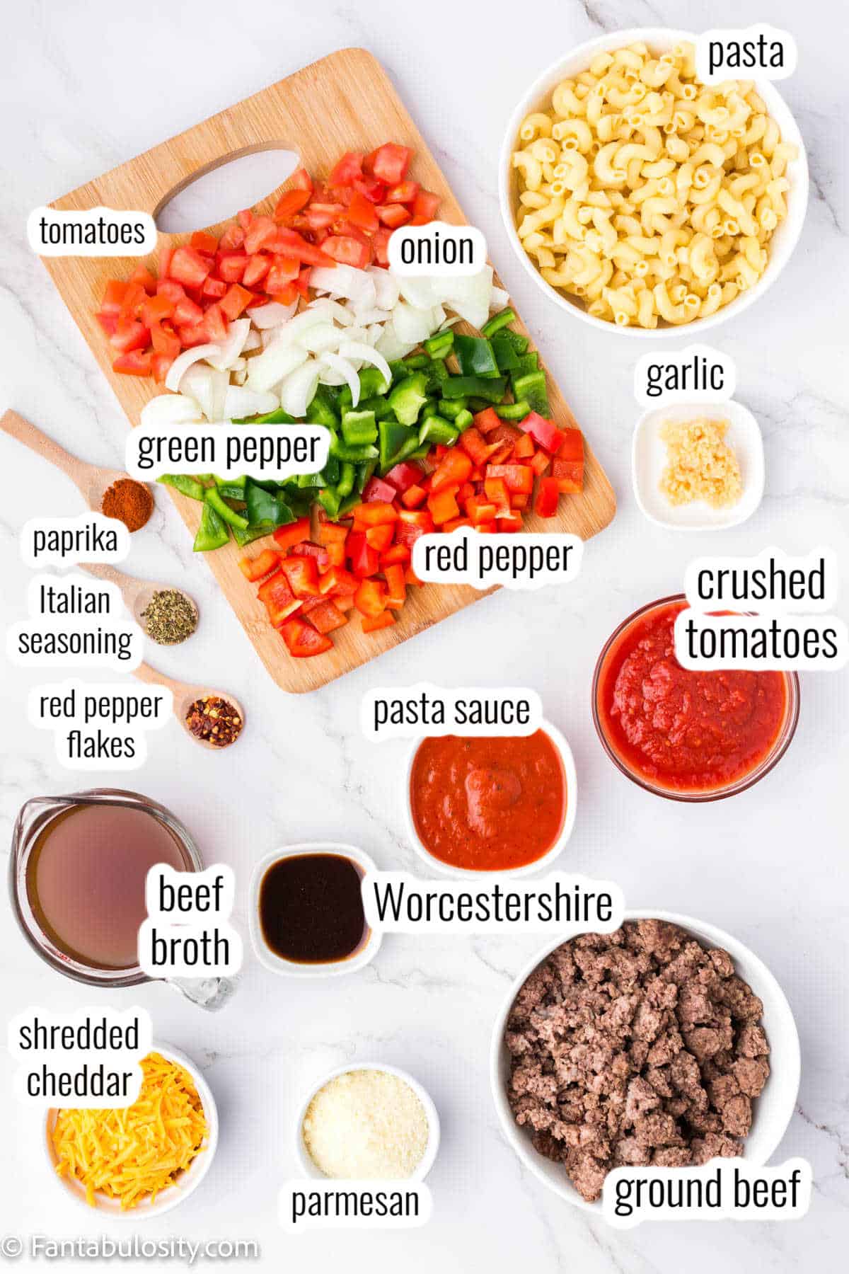 Labeled ingredients on counter for crock pot goulash.