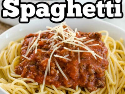 Venison Spaghetti in white bowl with text on image