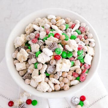 Christmas Chex Mix in white bowl