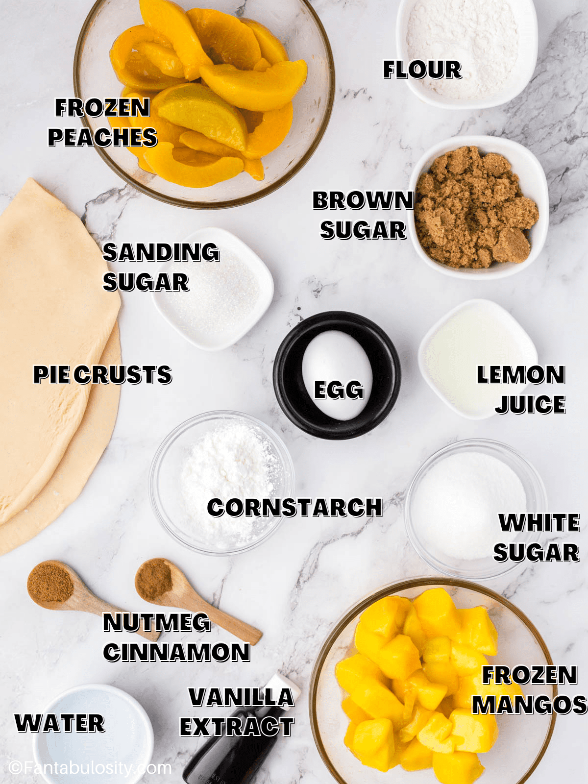 Ingredients for peach mango pie laid out on a counter with labels on the image. 