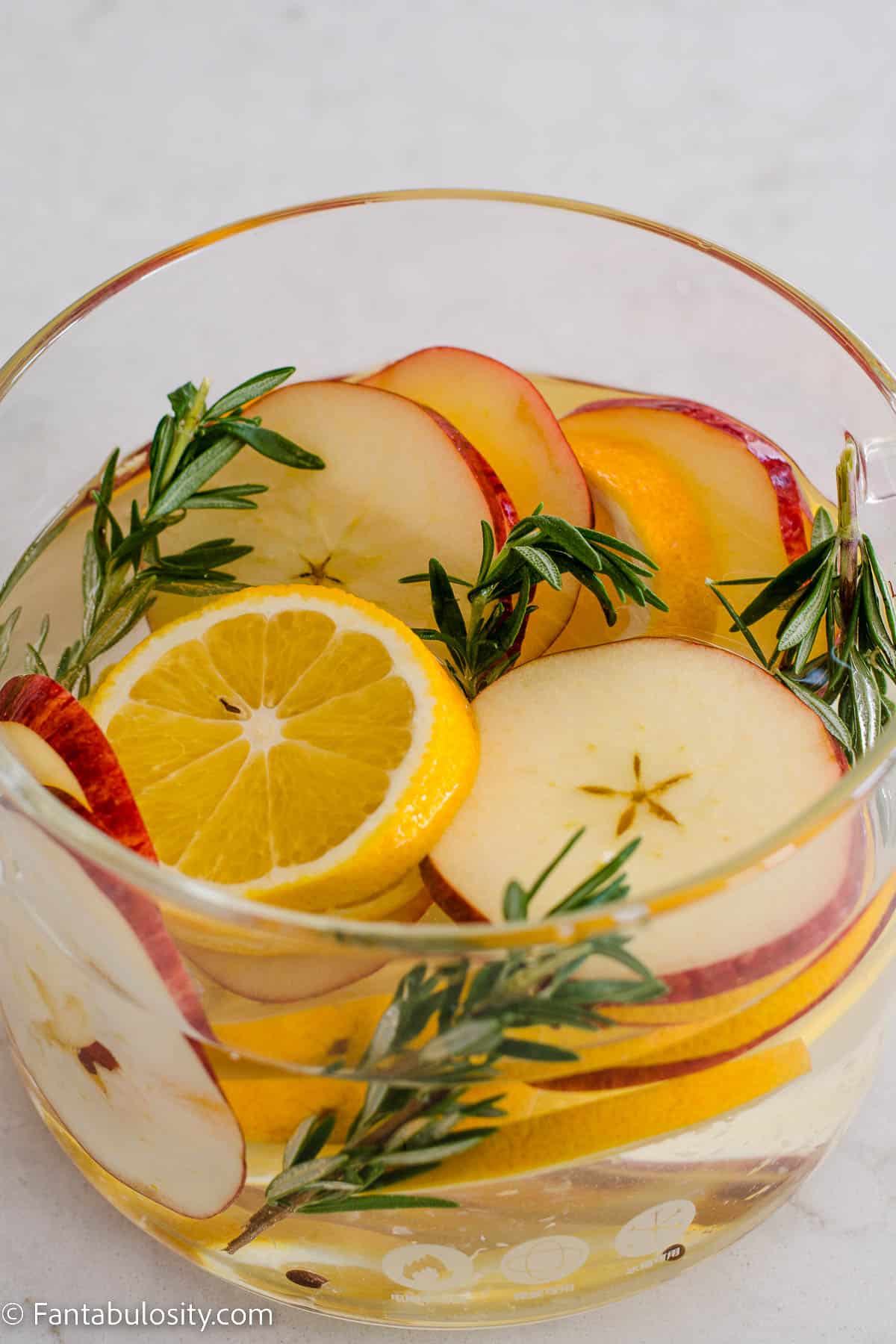 Fruit, rosemary and water in glass pot