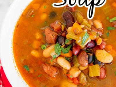 white bowl of bean soup with text on image