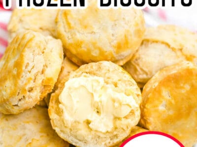 Air fried cooked frozen biscuits on white plate with text on image too.