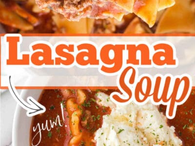 2 image collage of lasagna soup with text on image.
