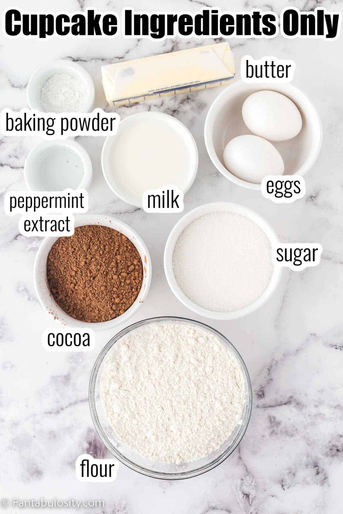 Labeled ingredients for mint chocolate cupcakes.