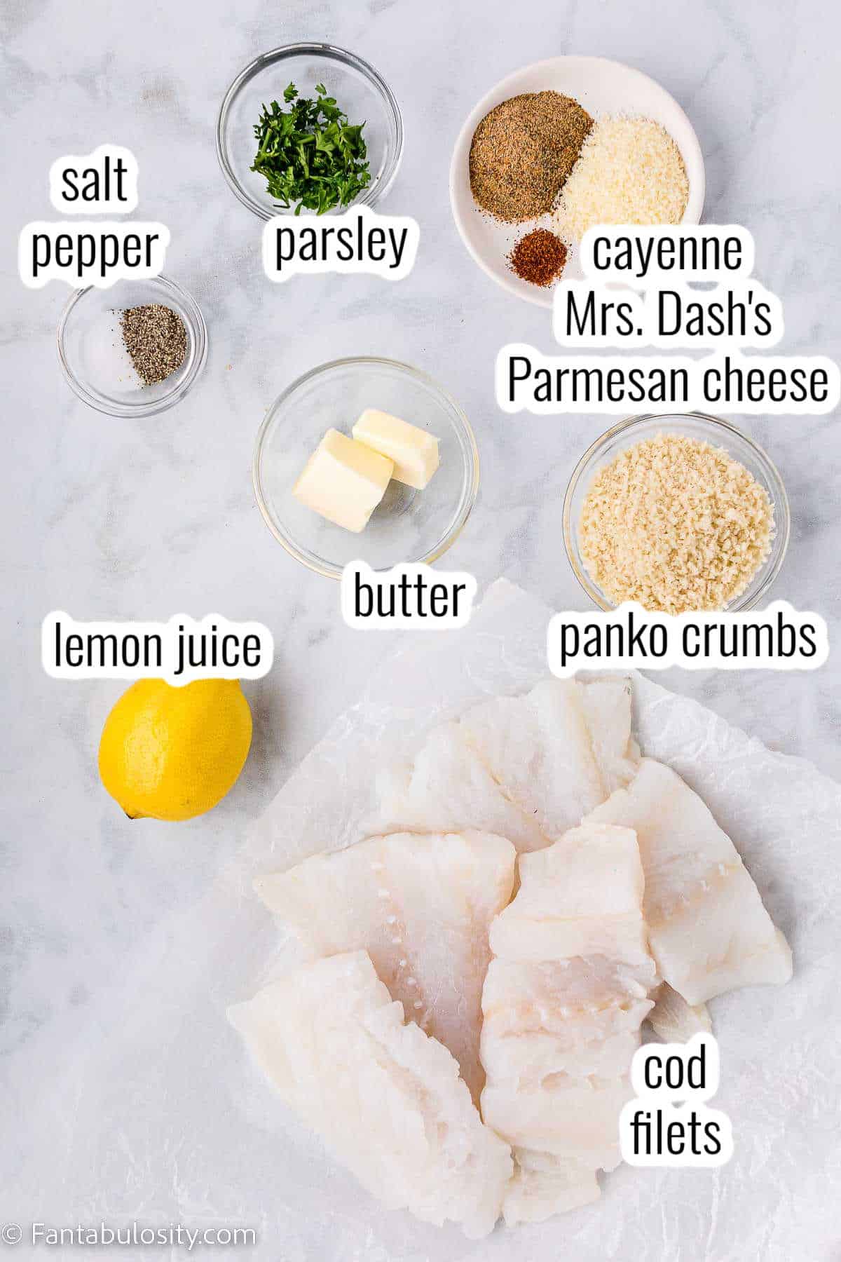 Labeled ingredients for panko crusted cod.