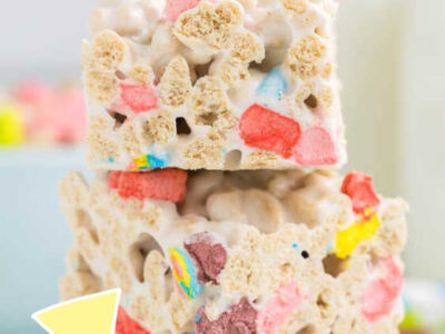 Lucky Charms treats stacked on top of one another, with text on image too.