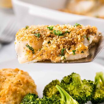 Panko Crusted Cod on spatula, above a plate of food.