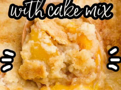 Peach cobbler with cake mix, in a white baking dish with text on the image.