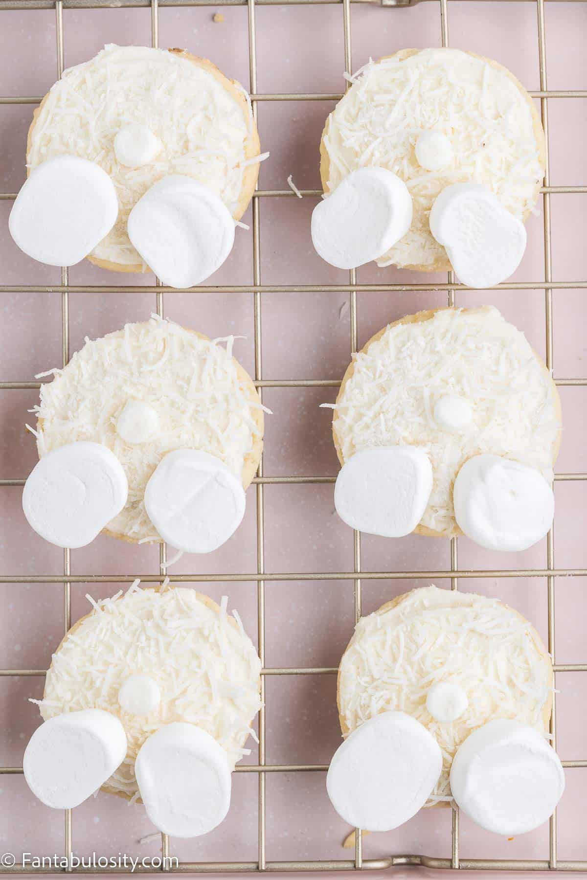 Large marshmallows as "feet" on the bunny butt cookies.