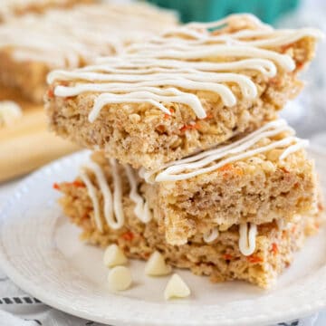 feature image of stacked rice Krispie treats drizzled with melted white chocolate