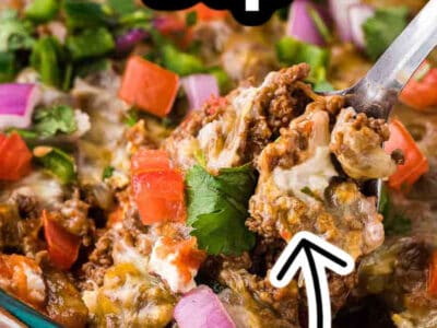 Hot taco dip being lifted out of a dish with a spoon, and text on image.
