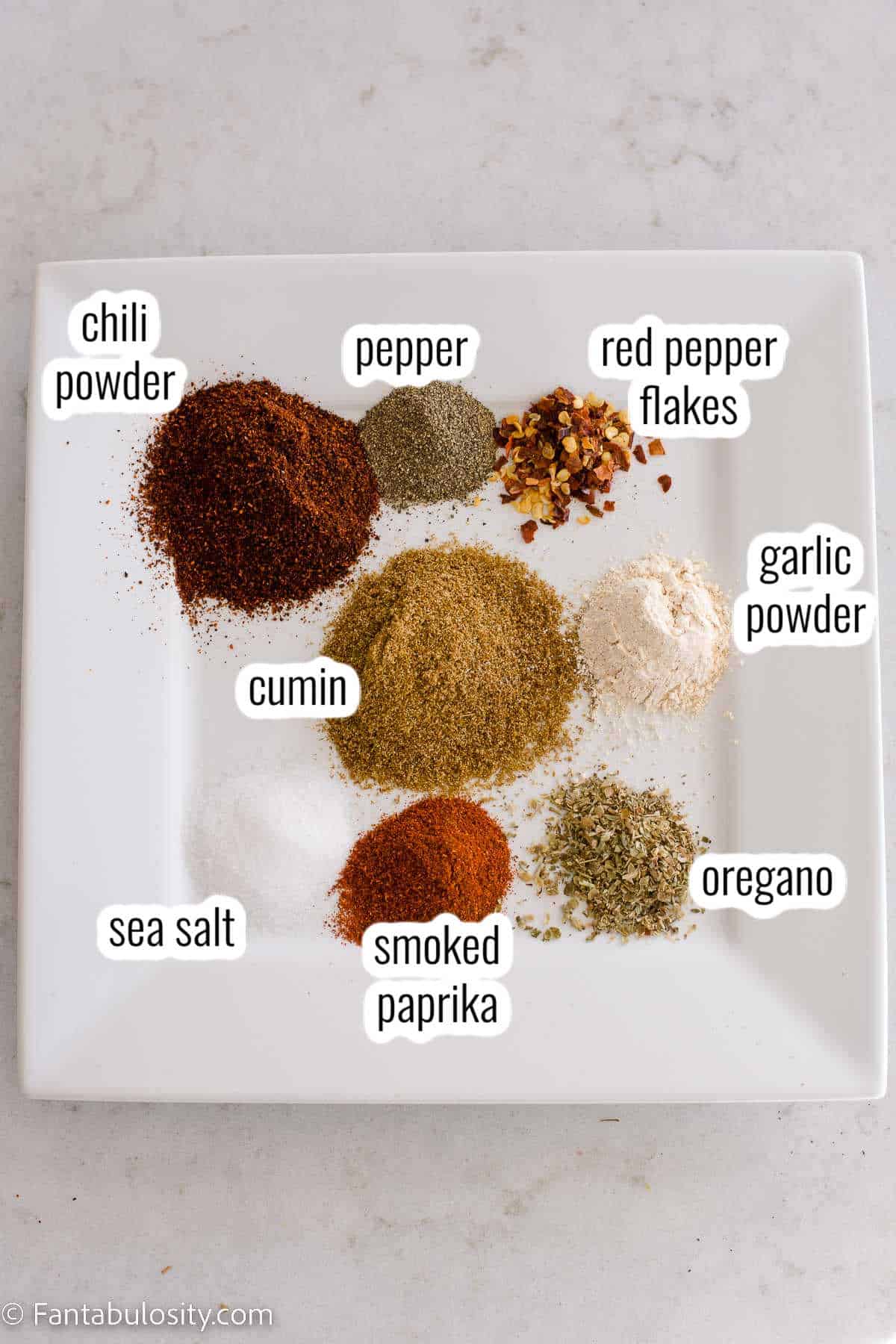 Labeled ingredients for chicken taco seasoning.