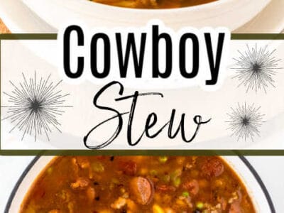 Two images of cowboy stew with text on image too.