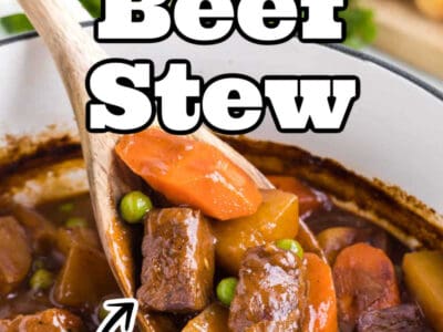 Close up of dutch oven beef stew, with text on the image too.