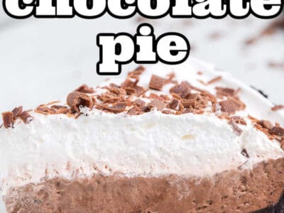 A slice of no bake chocolate pie on a white plate with text on image.