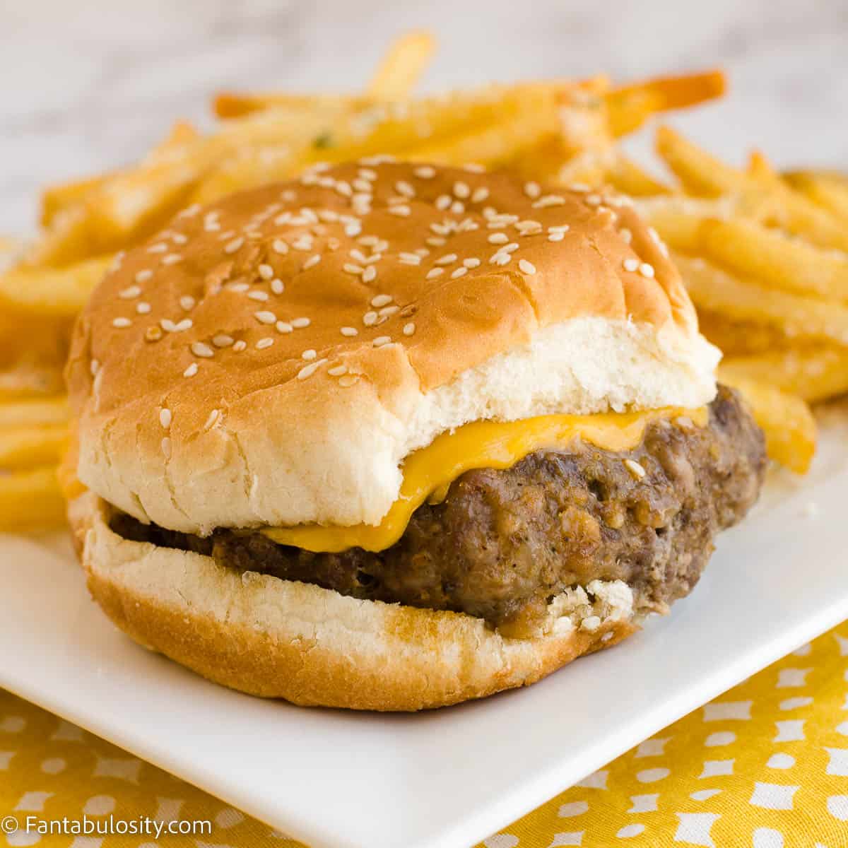 Venison burger on white plate, sitting next to french fries.