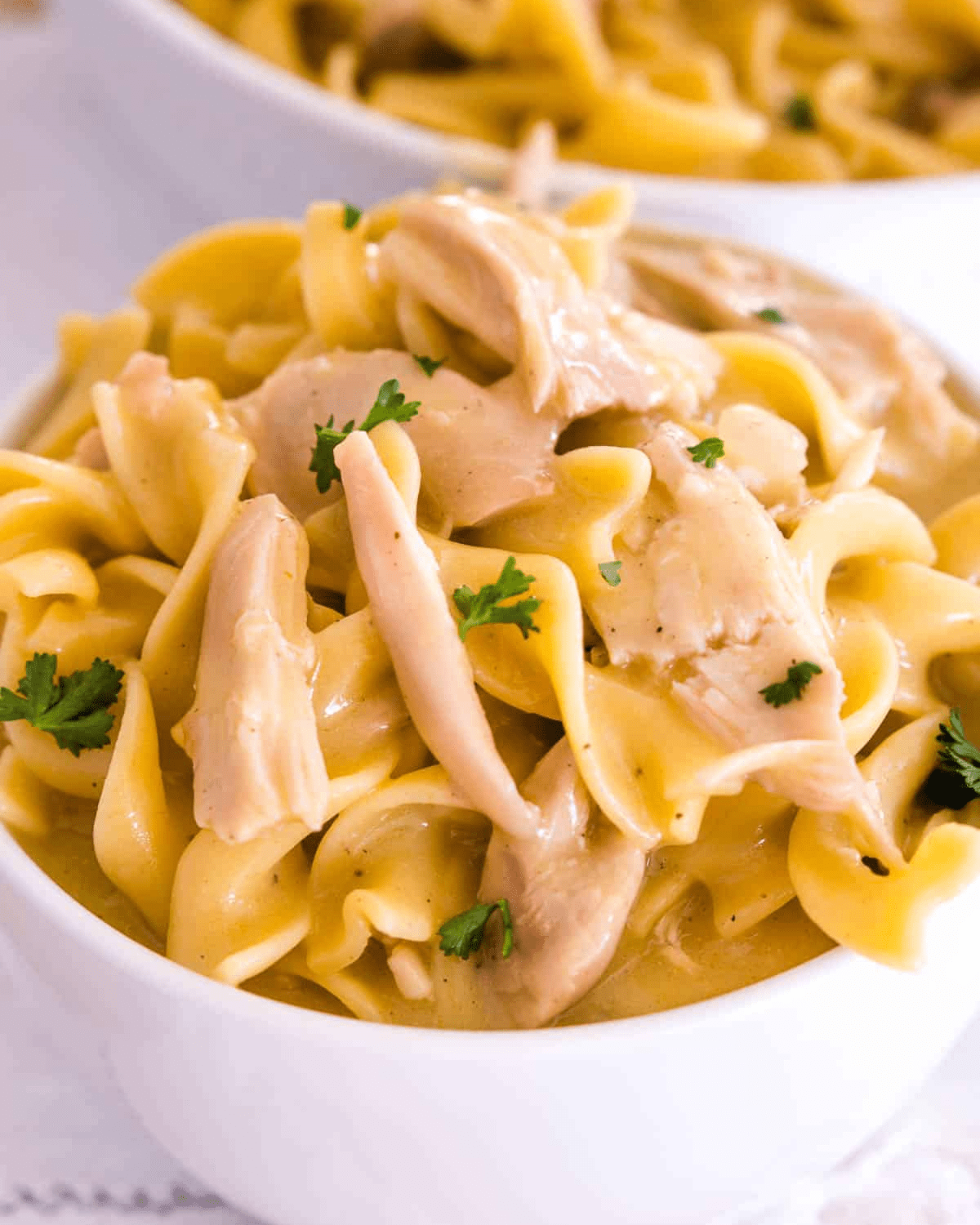 classic chicken and noodles served in a white bowl