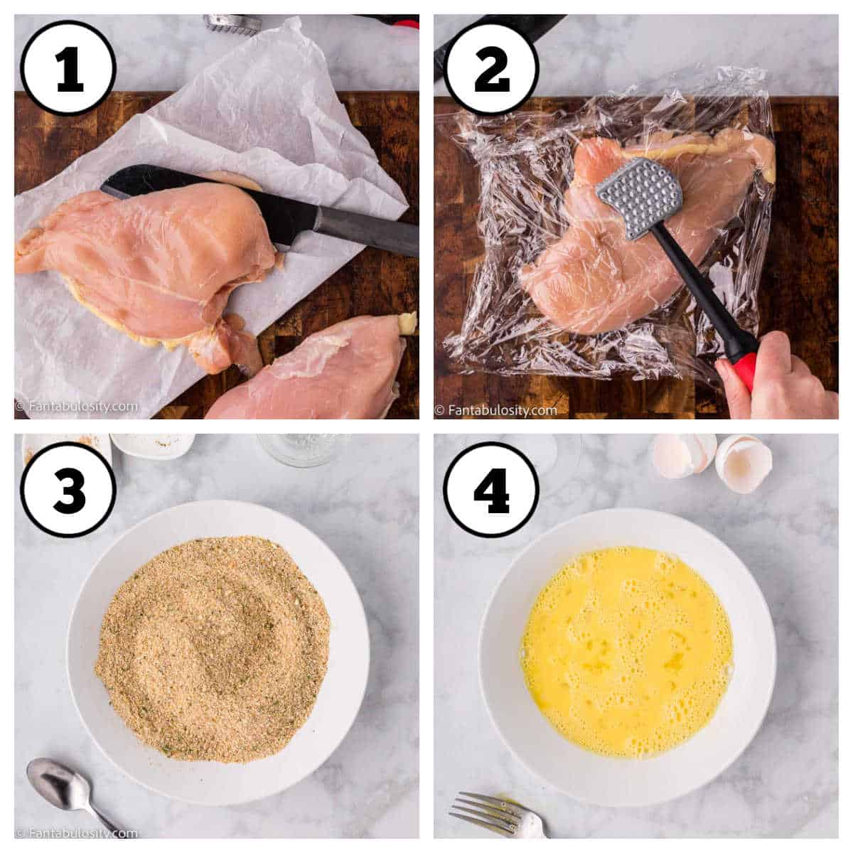 4 image collage of steps 1-4 of baked chicken cutlets recipe.