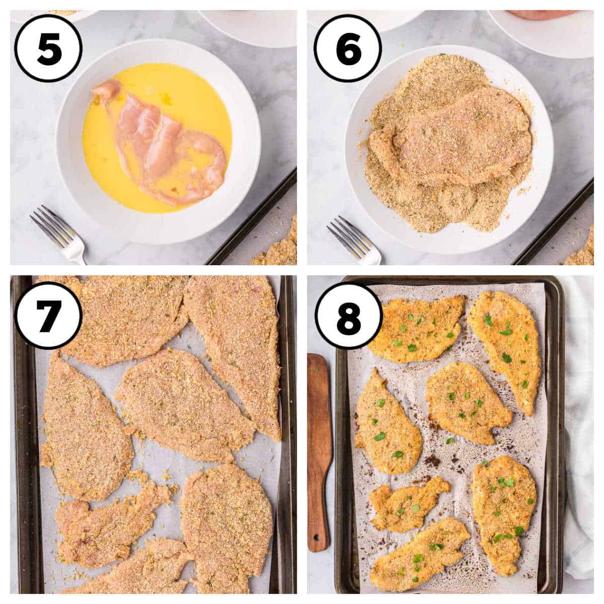 Steps 5-8 of how to bake chicken cutlets.