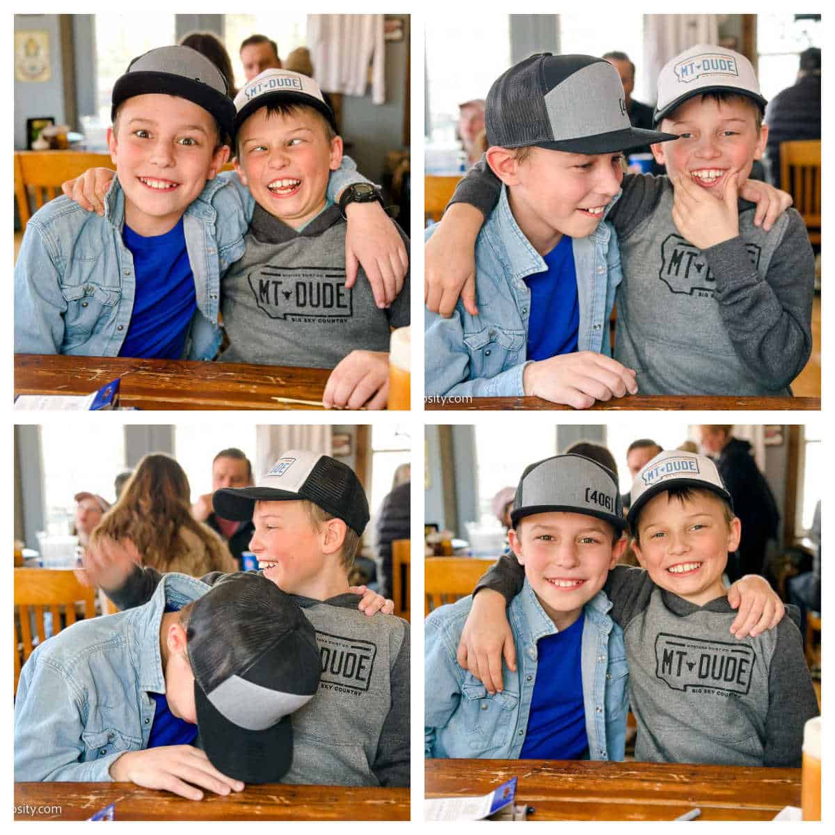 Boys smiling at the camera, laughing, in a 4 image collage.
