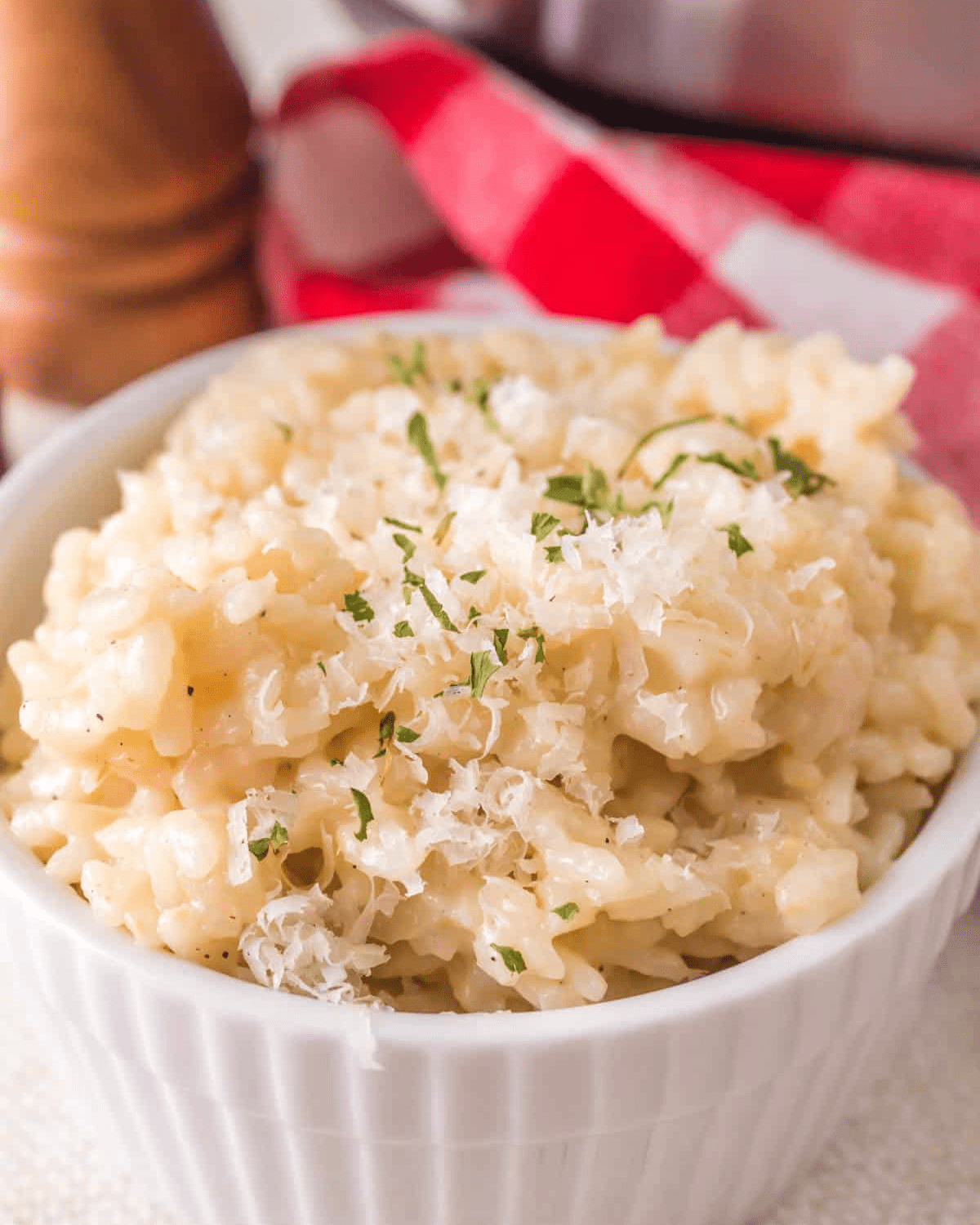 Instant pot risotto in a white bowl