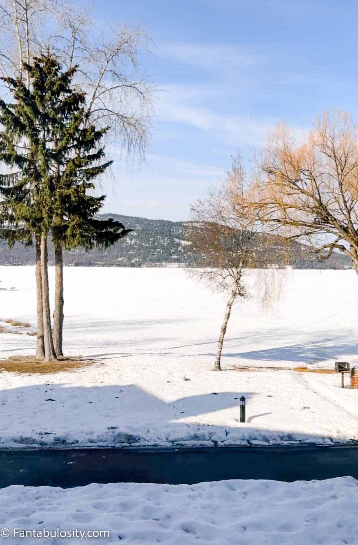 View of frozen lake at Lodge of Whitefish Condo.